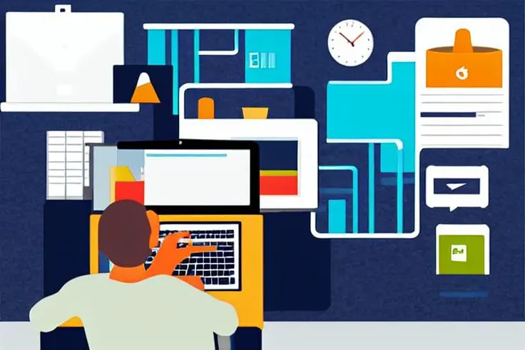 <lora:tech_startup_illustration_v1:0.8>, tech startup illustration, 1man, solo, office, coffee, laptop, sitting