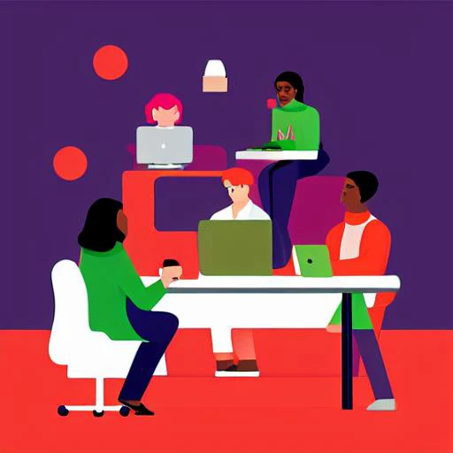 <lora:tech_startup_illustration_v1:0.6>, tech startup illustration, multiple boys, 1girl, chair, 3boys, sitting, plant, open mouth, cup, computer, table