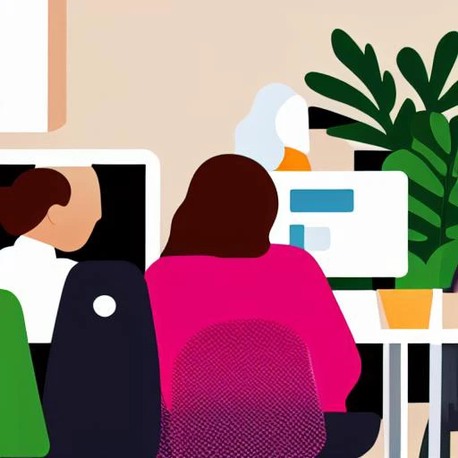 <lora:tech_startup_illustration_v1:0.8>, tech startup illustration, multiple boys, 1girl, chair, 3boys, sitting, plant, open mouth, cup, computer, table