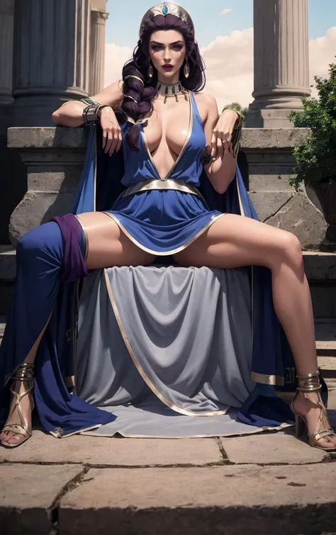 Dress_BloodOfZeus_Hera_ownwaifu,
1girl,single braid, hair over shoulder, breasts,very long hair, anklet, purple hair, blue eyes, lipstick, makeup, medium breasts, red lips, collarbone, bangs, lips, jewelry, earrings, bracelet, armlet,  tiara, colored skin, necklace, crown, large breasts, bracer, hair ornament, 
dress, cleavage, cape, plunging neckline, greek clothes, colored sclera, bare shoulders, center opening, blue cape, long dress,
<lora:CARTOON_BloodOfZeus_Hera_ownwaifu:0.8> 
((masterpiece)),((best quality)),(highres, absurdres), original, official_art, looking at viewer, solo, focused, outdoors, day, cowboy shot,