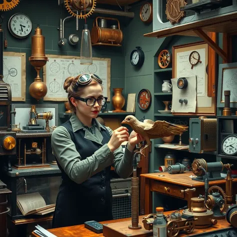 An image of a cluttered Victorian-era workshop filled with steampunk inventions, brass gears, and steam engines. A female inventor in Victorian attire with goggles is tweaking a mechanical bird. The background should include schematics pinned to the walls.