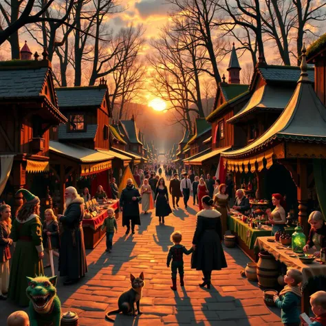 An enchanting Renaissance fair but with real magical elements. Wizards performing spells, mythical creatures walking among humans, and stalls selling enchanted items. The setting sun casts a golden light over the scene.