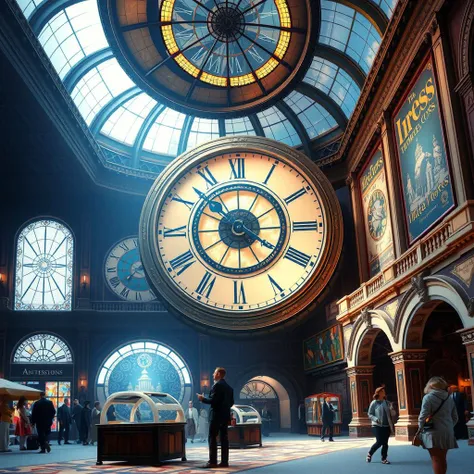 A bustling hub where time travelers meet before embarking to different eras. The architecture blends styles from various epochs, with a massive clock in the center showing multiple time zones and historical periods