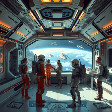 Picture a panoramic view inside a futuristic space station's common area, featuring a diverse group of astronauts from different planets, each wearing their unique space gear. Include large windows showing a view of Earth and a fleet of starships outside.