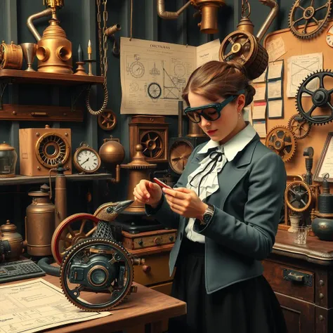 An image of a cluttered Victorian-era workshop filled with steampunk inventions, brass gears, and steam engines. A female inventor in Victorian attire with goggles is tweaking a mechanical bird. The background should include schematics pinned to the walls.