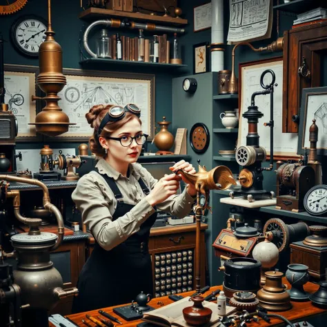 An image of a cluttered Victorian-era workshop filled with steampunk inventions, brass gears, and steam engines. A female inventor in Victorian attire with goggles is tweaking a mechanical bird. The background should include schematics pinned to the walls.