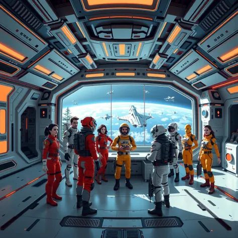 Picture a panoramic view inside a futuristic space station's common area, featuring a diverse group of astronauts from different planets, each wearing their unique space gear. Include large windows showing a view of Earth and a fleet of starships outside.