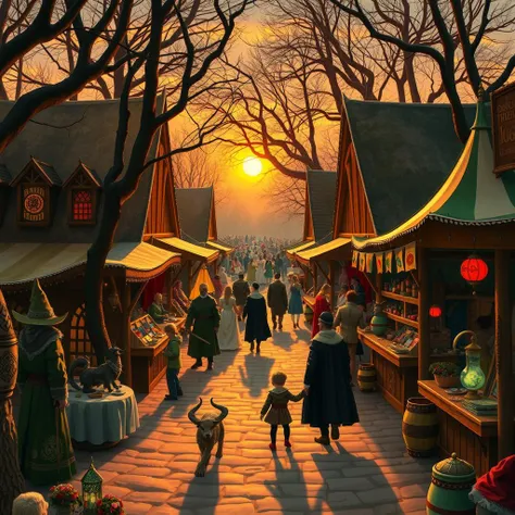 An enchanting Renaissance fair but with real magical elements. Wizards performing spells, mythical creatures walking among humans, and stalls selling enchanted items. The setting sun casts a golden light over the scene.