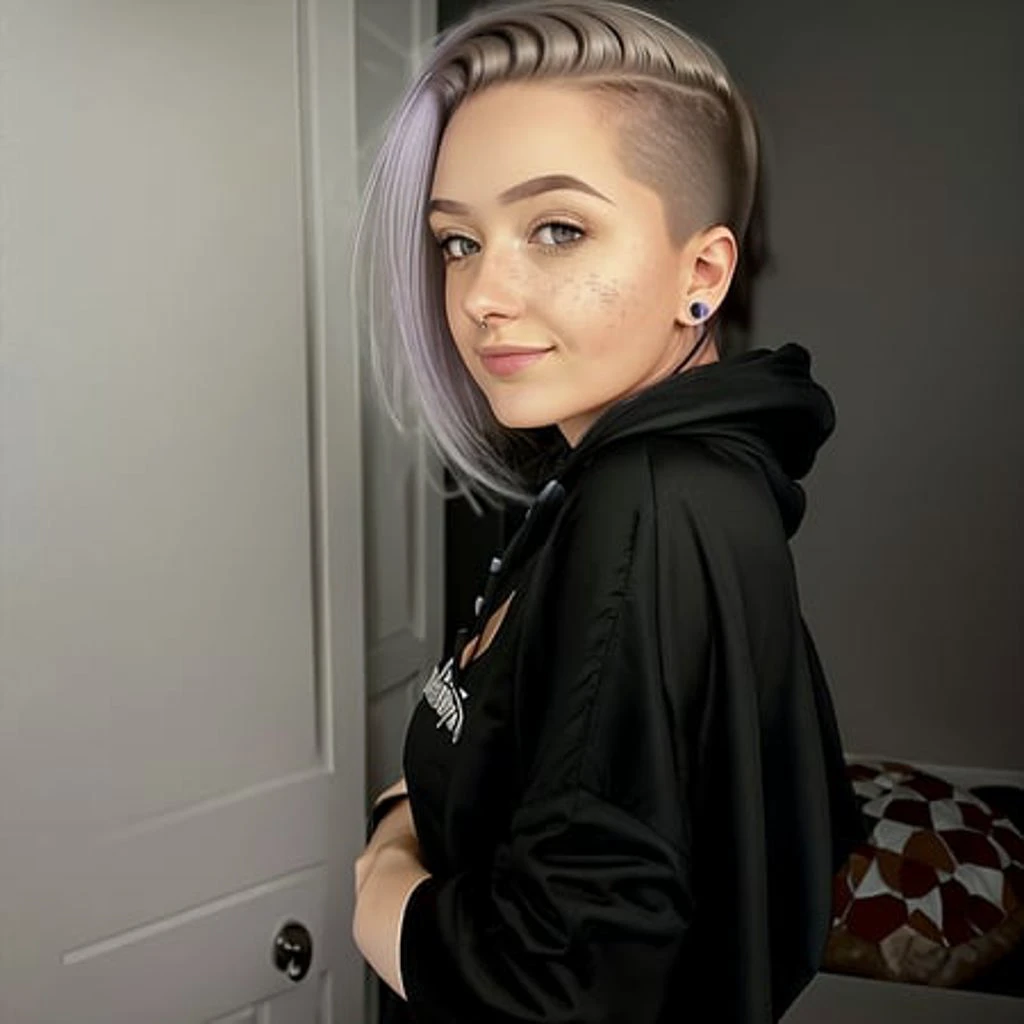 a closeup portrait of a playful lurn, <lora:lurn_01_768_396samples:1>, wearing black hoodie, undercut hair, apron, amazing body, pronounced feminine feature, busty, kitchen, [ash blonde | ginger | pink hair], freckles, flirting with camera