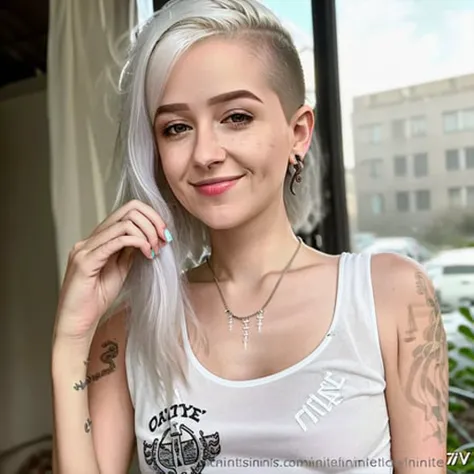 RAW photo, a close up portrait photo of lurn, <lora:lurn_01_768_396samples:1>, in t-shirt, white hair, short haircut, pale skin, slim body, background is city ruins, (high detailed skin:1.2), 8k uhd, dslr, soft lighting, high quality, film grain, Fujifilm XT3