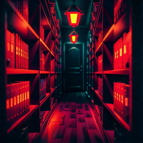 Spooky haunted library, horror, colorful, nightmare, neon, masterpiece, 8k, high resolution, shallow depth of field, sharp focus