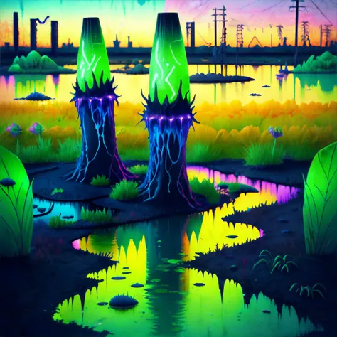 radioactive marshland, glowing sludge, distorted flora, mutated wildlife, horror, colorful, nightmare, neon, masterpiece, 8k, high resolution, shallow depth of field, sharp focus