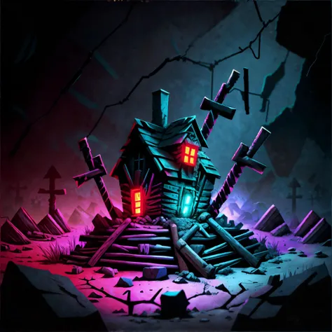 Sinister old mine shafts, horror, colorful, nightmare, neon, masterpiece, 8k, high resolution, shallow depth of field, sharp focus