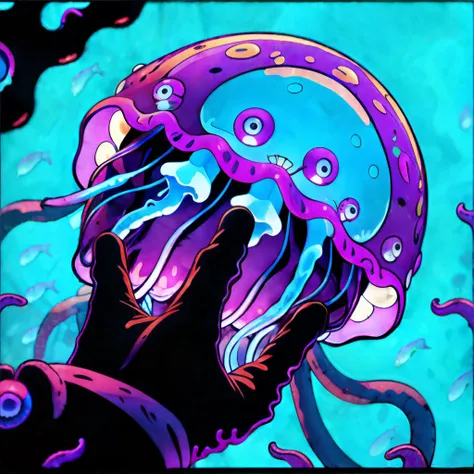 Jellyfish, Action Comic Style, horror, colorful, nightmare, neon, masterpiece, 8k, high resolution, shallow depth of field, sharp focus
