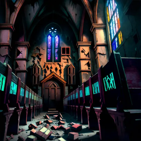 in a post-apocalyptic crumbling church, silent bell tower, dusty pews, shattered stained glass, faded bible., horror, colorful, nightmare, neon, masterpiece, 8k, high resolution, shallow depth of field, sharp focus