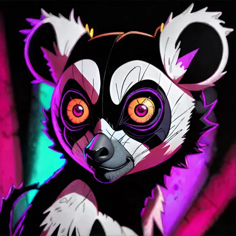 Lemur, Mystery Comic Style, horror, colorful, nightmare, neon, masterpiece, 8k, high resolution, shallow depth of field, sharp focus