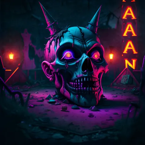 Abandoned haunted theme park, horror, colorful, nightmare, neon, masterpiece, 8k, high resolution, shallow depth of field, sharp focus