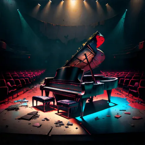 in a post-apocalyptic theater, torn stage curtain, dusty seats, discarded props, broken grand piano., horror, colorful, nightmare, neon, masterpiece, 8k, high resolution, shallow depth of field, sharp focus