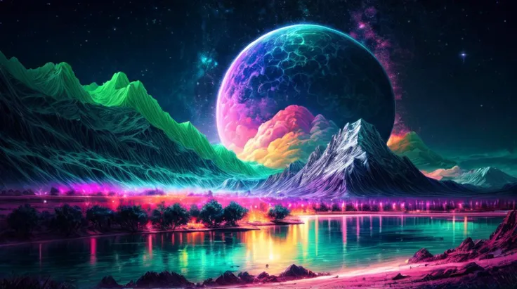 epic landscape, psychedelic beings, neon( rainbows:1.4), space, nebulosa,mountains, lake, reflexes ,detailed background ,( ultra detailed:1.3), (masterpiece:1.1),( best quality:1.4), (volumetric light:1.3), (highres:1.1),4k, <lora:improve_backgrounds:1.2> <lora:more_details:1.15>
