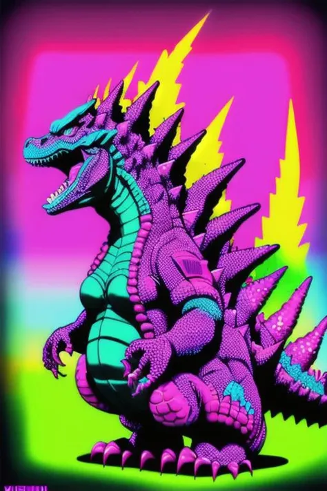 Godzilla, pink-Godzilla, Barbie-Godzilla, Godzilla-Barbie, Kaiju-barbie, fashion, Vibrant, colorful, neon, glowing, psychedelic, vividly detailed background