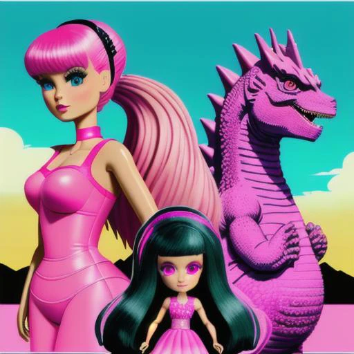 colorful, pink, Godzilla, barbie