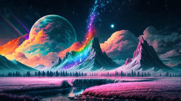 epic landscape, psychedelic beings,  neon( rainbows:1.4), space, nebulosa,mountains, lake, reflexes ,detailed background ,( ultra detailed:1.3), (masterpiece:1.1),( best quality:1.4), (volumetric light:1.3), (highres:1.1),4k,  <lora:improve_backgrounds:1.2> <lora:more_details:1.15>