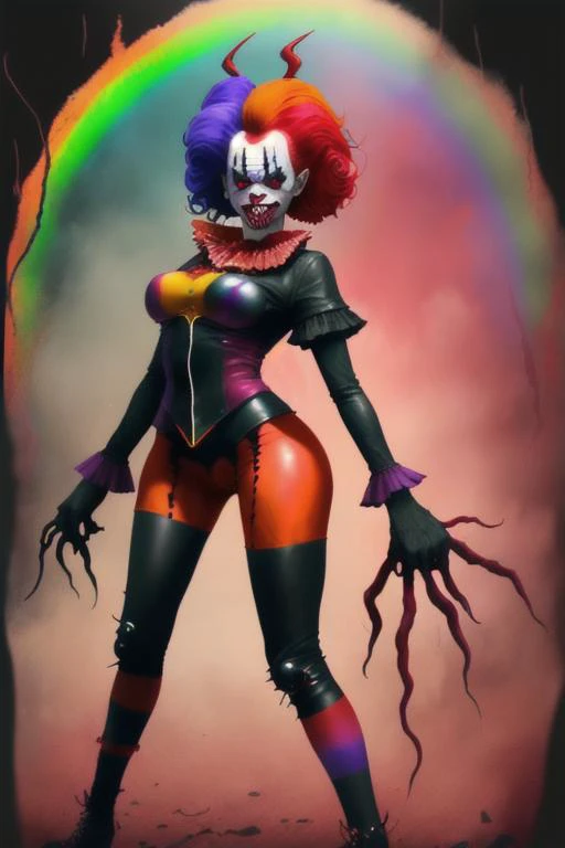 Female, Devil, clown, horror, color, rainbow, at a distance, full view, leather, hell <lora:microbikiniv1:0.75> <lora:r1ge - AnimeRage:.5>, cameltoe