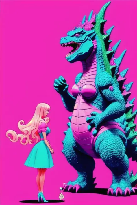 Godzilla, pink-Godzilla, Barbie-Godzilla, Godzilla as Barbie, fashion, Vibrant, colorful, neon, glowing, psychedelic