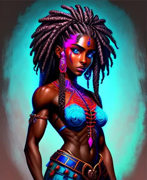 gorgeous black woman,
long braided hair,
large blue eyes, beautiful eyes,
beautiful face, chiseled jaw,
dark skin, muscular body,
standing, whole body visible,
masterpiece, very detailed, high quality, realistic,
psychedelic, neon colors, horror,