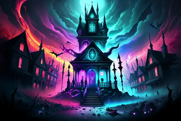 Colorful, mulitcolored, psychedelic, neon, glowing, vengeful witches, psychological terror, spirits seeking revenge, cursed artifacts, grotesque creatures, haunted mansion, fear of mortality, moral punishment,