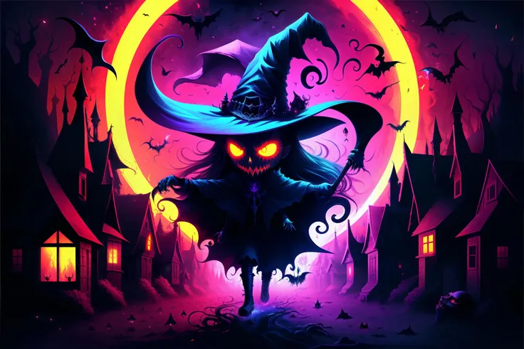 Colorful, mulitcolored, psychedelic, neon, glowing, vengeful spirits, demonic entities, haunting witches, cursed objects, nightmarish monsters, afterlife terror,