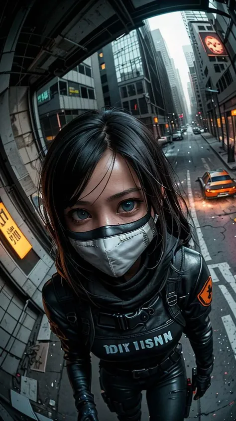 (Selfie, POV, 1girl rogue agent wearing mask, in a empty abandoned dystopian street year 2010, trashbags broken cars. (fisheye lens:1.2), nighttime analog style, masterpiece, (detailed eyes), best quality, epic, hyperrealistic, <lora:girl_with_mask_lora013:1> <lora:ffc_selfie_v1:0.2> tom clancys the division concept art<lora:LCM1.5:1.0>