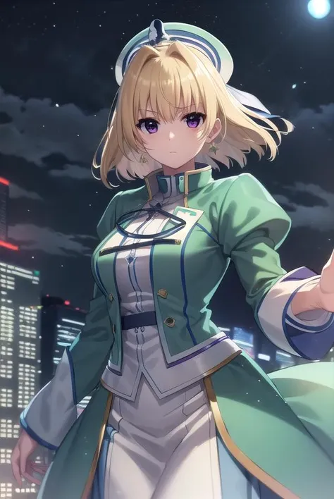 lyricalshamal, <lora:shamal movie2-lora-nochekaiser:1>,
shamal, short hair, blonde hair, (purple eyes:1.1),
BREAK long sleeves, hat, green dress, puffy sleeves, skirt, green skirt, crop top,
BREAK outdoors, city, night, sky, clouds, star \(sky\),
BREAK looking at viewer, (cowboy shot:1.5),
BREAK <lyco:GoodHands-beta2:1>, (masterpiece:1.2), best quality, high resolution, unity 8k wallpaper, (illustration:0.8), (beautiful detailed eyes:1.6), extremely detailed face, perfect lighting, extremely detailed CG, (perfect hands, perfect anatomy),