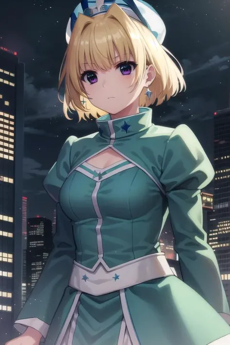 lyricalshamal, <lora:shamal movie2-lora-nochekaiser:1>,
shamal, short hair, blonde hair, (purple eyes:1.1),
BREAK long sleeves, hat, green dress, puffy sleeves, skirt, green skirt, crop top,
BREAK outdoors, city, night, sky, clouds, star \(sky\),
BREAK looking at viewer, (cowboy shot:1.5),
BREAK <lyco:GoodHands-beta2:1>, (masterpiece:1.2), best quality, high resolution, unity 8k wallpaper, (illustration:0.8), (beautiful detailed eyes:1.6), extremely detailed face, perfect lighting, extremely detailed CG, (perfect hands, perfect anatomy),