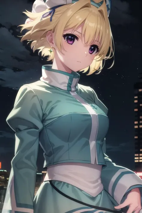 lyricalshamal, <lora:shamal movie2-lora-nochekaiser:1>,
shamal, short hair, blonde hair, (purple eyes:1.1),
BREAK long sleeves, hat, green dress, puffy sleeves, skirt, green skirt, crop top,
BREAK outdoors, city, night, sky, clouds, star \(sky\),
BREAK looking at viewer, (cowboy shot:1.5),
BREAK <lyco:GoodHands-beta2:1>, (masterpiece:1.2), best quality, high resolution, unity 8k wallpaper, (illustration:0.8), (beautiful detailed eyes:1.6), extremely detailed face, perfect lighting, extremely detailed CG, (perfect hands, perfect anatomy),