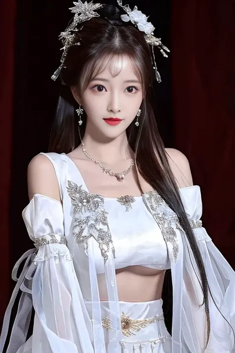 1girl, long_hair,((upon body)), hair ornament, necklace, jewelry, long hair, earrings, highres,white hair ribbon,white clothes,Beautiful face,detailed beautiful eyes,detailed eyelash,(huge breasts), skinny body,shiny skin,(8k_wallpaper), Intricate and refined delicate details,(no underwear),(see-through clothes), (covered nipples),toned abs, <lora:25D_pureFace:0.1> <lora:koreanDollLikeness_v15:0.1> ,detached sleeves,see-through sleeves,see-through ribbon,neck ribbon, , sexy,<lora:PureAllure_v10:0.5> <lora:estheticJangWonyoung_wonv1a:0.1> <lora:aCollectionOfLoraThat_flowergirlChinese:1>