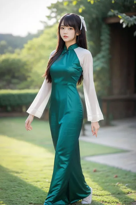 (top quality, best quality, formal art, beautiful and aesthetic:1.2), (1 girl:1.3), extremely detailed, colorful, highest detail, (powerful posing:) dynamic), (glossy skin), beautiful face, light blue ao dai, showing nipples, walking on green grass, morning, sunny, masterpiece,ultra realistic,32k,extremely detailed CG unity 8k wallpaper, best quality