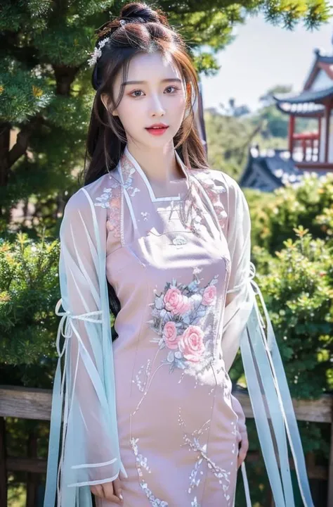 ulzzang-6500-v1.1,(raw photo:1.2),((photorealistic:1.4))best quality ,masterpiece, illustration, an extremely delicate and beautiful, extremely detailed ,CG ,unity ,8k wallpaper, Amazing, finely detail, masterpiece,best quality,official art,extremely detailed CG unity 8k wallpaper,absurdres, incredibly absurdres, huge filesize, ultra-detailed, highres, extremely detailed,beautiful detailed girl, extremely detailed eyes and face, beautiful detailed eyes,cinematic lighting,1girl,see-through,looking at viewer,full body,full-body shot,outdoors,arms behind back,(chinese clothes)