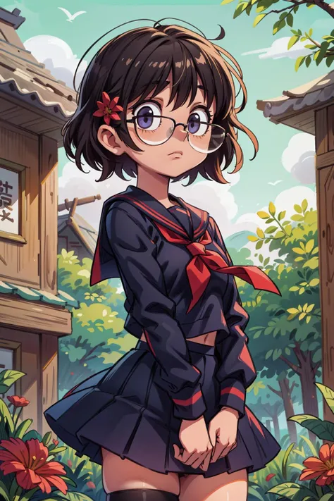 1girl, (masterpiece:1.3), (high resolution), (8K), (extremely detailed), (4k), (pixiv), perfect face, nice eyes and face, (best quality), (super detailed), detailed face and eyes, (solo), textured skin, absurdres, highres, <lora:more_details:0.5>, <lora:shizuku-09:0.7>, shizukuwz, glasses, short hair, black hair, serafuku, school uniform, outdoors, cowboy shot, natural light, closed mouth, temple, cowboy shot, flower, standing,
