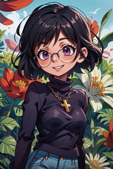 1girl, (masterpiece:1.3), (high resolution), (8K), (extremely detailed), (4k), (pixiv), perfect face, nice eyes and face, (best quality), (super detailed), detailed face and eyes, (solo), textured skin, absurdres, highres, <lora:more_details:0.5>, <lora:shizuku-09:0.7>, shizukuwz, glasses, pants, jeans, black hair, short hair, cross necklace, long sleeves, turtleneck, black sweater, purple eyes, inverted cross, flowers, nature, standing, smile, closed eyes, wind