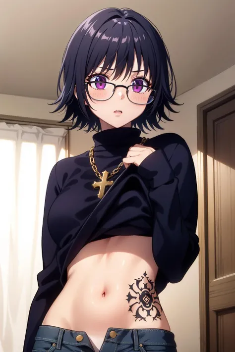 1girl, (masterpiece:1.3), (high resolution), (8K), (extremely detailed), (4k), (pixiv), perfect face, nice eyes and face, (best quality), (super detailed), detailed face and eyes, (solo), textured skin, absurdres, highres, <lora:shizuku-09:0.7>, shizukuwz, glasses, pants, jeans, black hair, short hair, cross necklace, long sleeves, turtleneck, black sweater, purple eyes, inverted cross, room, indoors, cowboy shot, angry, blush, clothes lift, tattoo, sweater lift, dynamic angle, navel
