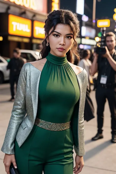 photo of beautiful (lisolivera-130:0.99), a woman with beautiful hair, hair upsweep updo, as a star in a (movieiere), premiere gala, (near a movie thea natural skin texture, (elegant tight green jumpsuit), (long sleeve), (trousers), 24mm, 4k textures, soft cinematic light, adobe lightroom, photolab, hdr, intricate, elegant, highly detailed, sharp focus, ((((cinematic look)))), soothing tones, insane details, intricate details, hyperdetailed, low contrast, soft cinematic light, exposure blend, hdr, faded, (paparazzi in background), (painted lips:1.1), ((looking straight at the camera:1.1))