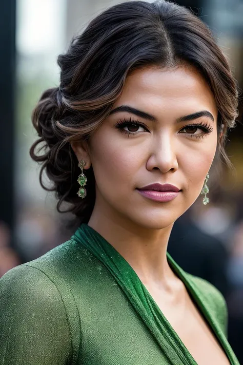 photo of beautiful (lisolivera-130:0.99), a woman with beautiful hair, hair upsweep updo, as a star in a (movieiere), premiere gala, (near a movie thea natural skin texture, (elegant tight green jumpsuit), (long sleeve), (trousers), 24mm, 4k textures, soft cinematic light, adobe lightroom, photolab, hdr, intricate, elegant, highly detailed, sharp focus, ((((cinematic look)))), soothing tones, insane details, intricate details, hyperdetailed, low contrast, soft cinematic light, exposure blend, hdr, faded, (paparazzi in background), (painted lips:1.1), ((looking straight at the camera:1.1))
