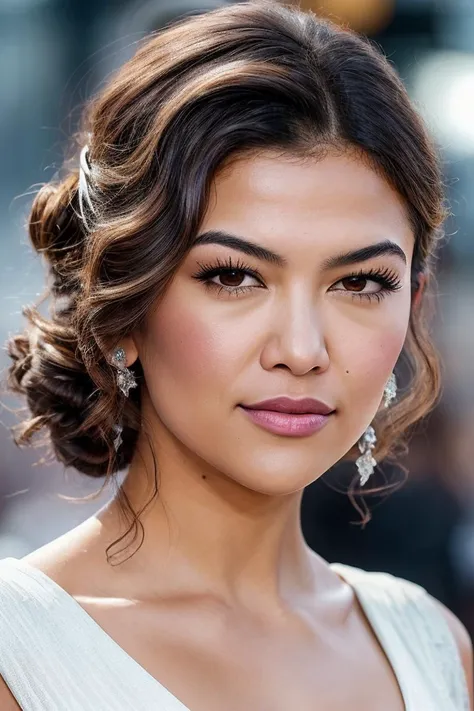 photo of beautiful (lisolivera-130:0.99), a woman with beautiful hair, hair upsweep updo, as a star in a (movieiere), premiere gala, (near a movie thea natural skin texture, (elegant tight white jumpsuit), (long sleeve), (trousers), 24mm, 4k textures, soft cinematic light, adobe lightroom, photolab, hdr, intricate, elegant, highly detailed, sharp focus, ((((cinematic look)))), soothing tones, insane details, intricate details, hyperdetailed, low contrast, soft cinematic light, exposure blend, hdr, faded, (paparazzi in background), (painted lips:1.1), ((looking straight at the camera:1.1))