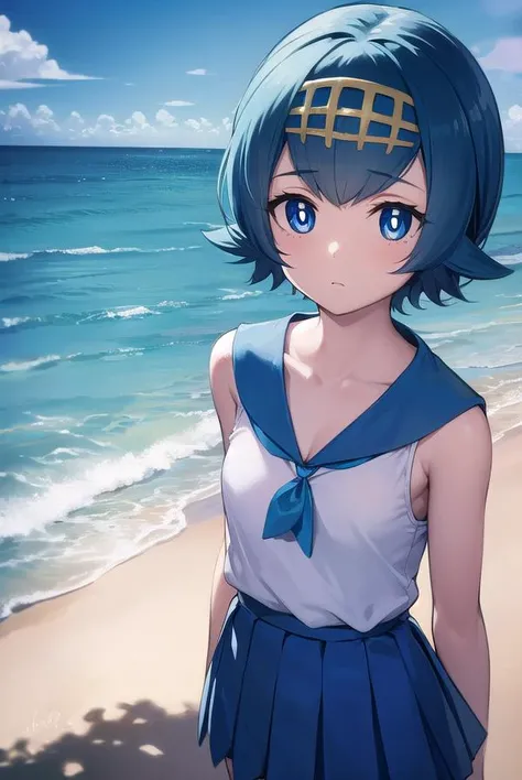 pokemonlana, <lora:pokemonlana-lora-nochekaiser:1>,
pokemonlana, blue eyes, blue hair, freckles, hairband, short hair, white pupils, yellow hairband, (bright pupils:1.5),
BREAK bare arms, black thighhighs, blue sailor collar, blue skirt, collarbone, one-piece swimsuit, pleated skirt, sailor collar, shirt, skirt, sleeveless, sleeveless shirt, swimsuit, swimsuit under clothes, thighhighs, white shirt,
BREAK looking at viewer, full body, (cowboy shot:1.5),
BREAK outdoors, beach, ocean, sea,
BREAK <lyco:GoodHands-beta2:1>, (masterpiece:1.2), best quality, high resolution, unity 8k wallpaper, (illustration:0.8), (beautiful detailed eyes:1.6), extremely detailed face, perfect lighting, extremely detailed CG, (perfect hands, perfect anatomy),