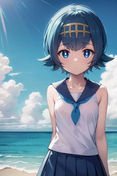 pokemonlana, <lora:pokemonlana-lora-nochekaiser:1>,
pokemonlana, blue eyes, blue hair, freckles, hairband, short hair, white pupils, yellow hairband, (bright pupils:1.5),
BREAK bare arms, black thighhighs, blue sailor collar, blue skirt, collarbone, one-piece swimsuit, pleated skirt, sailor collar, shirt, skirt, sleeveless, sleeveless shirt, swimsuit, swimsuit under clothes, thighhighs, white shirt,
BREAK looking at viewer, full body, (cowboy shot:1.5),
BREAK outdoors, beach, ocean, sea,
BREAK <lyco:GoodHands-beta2:1>, (masterpiece:1.2), best quality, high resolution, unity 8k wallpaper, (illustration:0.8), (beautiful detailed eyes:1.6), extremely detailed face, perfect lighting, extremely detailed CG, (perfect hands, perfect anatomy),