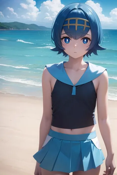 pokemonlana, <lora:pokemonlana-lora-nochekaiser:1>,
pokemonlana, blue eyes, blue hair, freckles, hairband, short hair, white pupils, yellow hairband, (bright pupils:1.5),
BREAK bare arms, black thighhighs, blue sailor collar, blue skirt, collarbone, one-piece swimsuit, pleated skirt, sailor collar, shirt, skirt, sleeveless, sleeveless shirt, swimsuit, swimsuit under clothes, thighhighs, white shirt,
BREAK looking at viewer, full body, (cowboy shot:1.5),
BREAK outdoors, beach, ocean, sea,
BREAK <lyco:GoodHands-beta2:1>, (masterpiece:1.2), best quality, high resolution, unity 8k wallpaper, (illustration:0.8), (beautiful detailed eyes:1.6), extremely detailed face, perfect lighting, extremely detailed CG, (perfect hands, perfect anatomy),