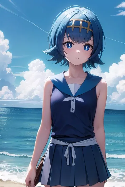 pokemonlana, <lora:pokemonlana-lora-nochekaiser:1>,
pokemonlana, blue eyes, blue hair, freckles, hairband, short hair, white pupils, yellow hairband, (bright pupils:1.5),
BREAK bare arms, black thighhighs, blue sailor collar, blue skirt, collarbone, one-piece swimsuit, pleated skirt, sailor collar, shirt, skirt, sleeveless, sleeveless shirt, swimsuit, swimsuit under clothes, thighhighs, white shirt,
BREAK looking at viewer, full body, (cowboy shot:1.5),
BREAK outdoors, beach, ocean, sea,
BREAK <lyco:GoodHands-beta2:1>, (masterpiece:1.2), best quality, high resolution, unity 8k wallpaper, (illustration:0.8), (beautiful detailed eyes:1.6), extremely detailed face, perfect lighting, extremely detailed CG, (perfect hands, perfect anatomy),