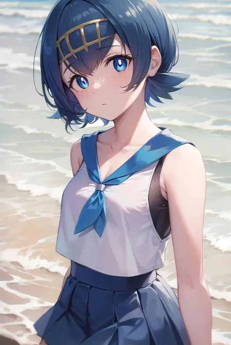 pokemonlana, <lora:pokemonlana-lora-nochekaiser:1>,
pokemonlana, blue eyes, blue hair, freckles, hairband, short hair, white pupils, yellow hairband, (bright pupils:1.5),
BREAK bare arms, black thighhighs, blue sailor collar, blue skirt, collarbone, one-piece swimsuit, pleated skirt, sailor collar, shirt, skirt, sleeveless, sleeveless shirt, swimsuit, swimsuit under clothes, thighhighs, white shirt,
BREAK looking at viewer, full body, (cowboy shot:1.5),
BREAK outdoors, beach, ocean, sea,
BREAK <lyco:GoodHands-beta2:1>, (masterpiece:1.2), best quality, high resolution, unity 8k wallpaper, (illustration:0.8), (beautiful detailed eyes:1.6), extremely detailed face, perfect lighting, extremely detailed CG, (perfect hands, perfect anatomy),