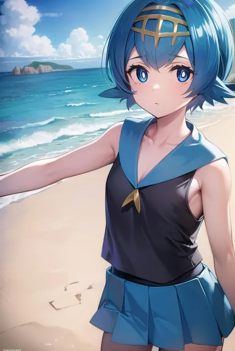 masterpiece, best quality, pkmnLana, white pupils, headband, blue sailor collar, sleeveless white shirt, swimsuit under clothes, blue pants, cowboy shot, smile, beach, blue sky, clouds, looking at viewer, waving, grin, naked, breasts, topless, bottomless, laying on chest, laying on towel, small ass, sand, penis, sex, fucking